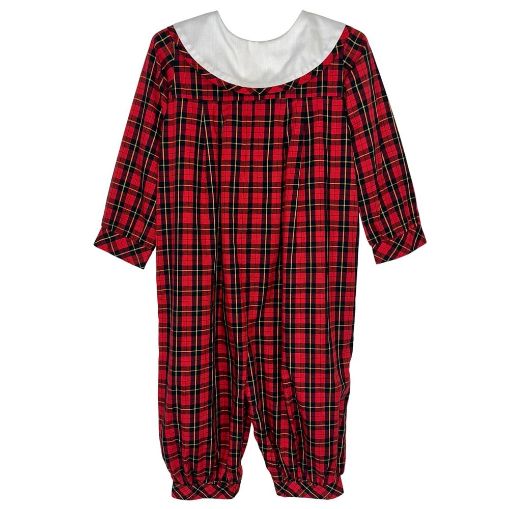 Vintage Rags Land Red Tartan Plaid Bib Portrait Collar Kids Holiday Jumpsuit 3